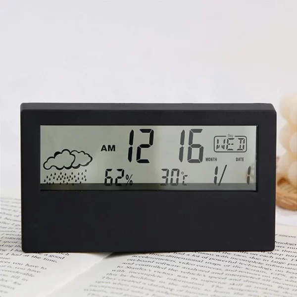 Relógio Digital De Mesa Retangular Preto Com Calendário Despertador Termômetro De Cabeceira